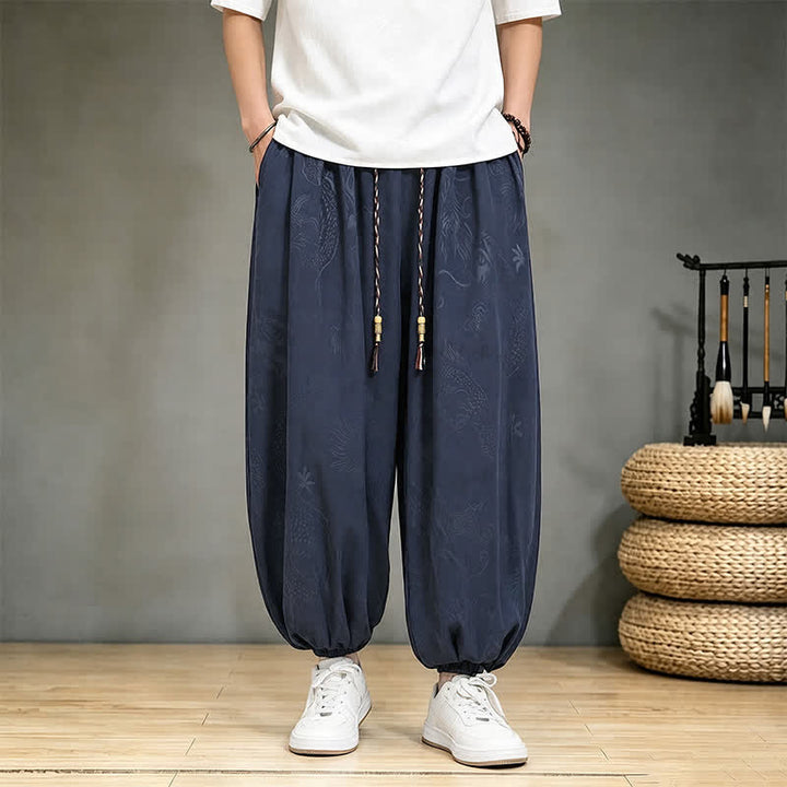 Buddha Stones Spring Summer Casual Tang Style Drawstring Dragon Cropped Pants Men's Harem Pants With Pocket - Navy - US/UK/AU46, EU56 (5XL) - image 15
