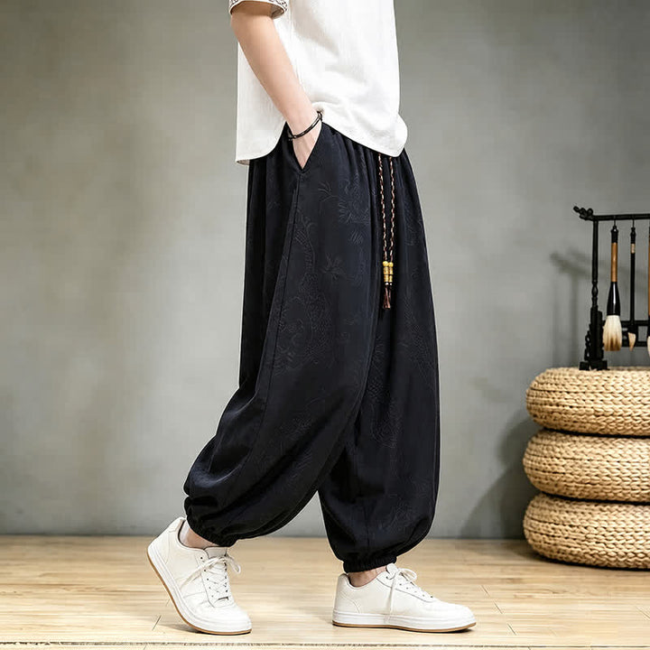 Buddha Stones Spring Summer Casual Tang Style Drawstring Dragon Cropped Pants Men's Harem Pants With Pocket - image 1