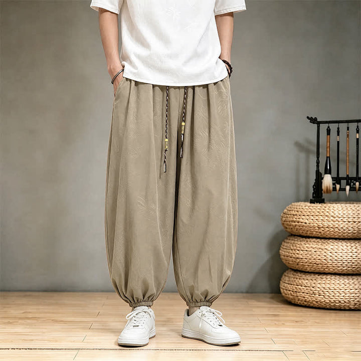Buddha Stones Spring Summer Casual Tang Style Drawstring Dragon Cropped Pants Men's Harem Pants With Pocket - Khaki - US/UK/AU46, EU56 (5XL) - image 4