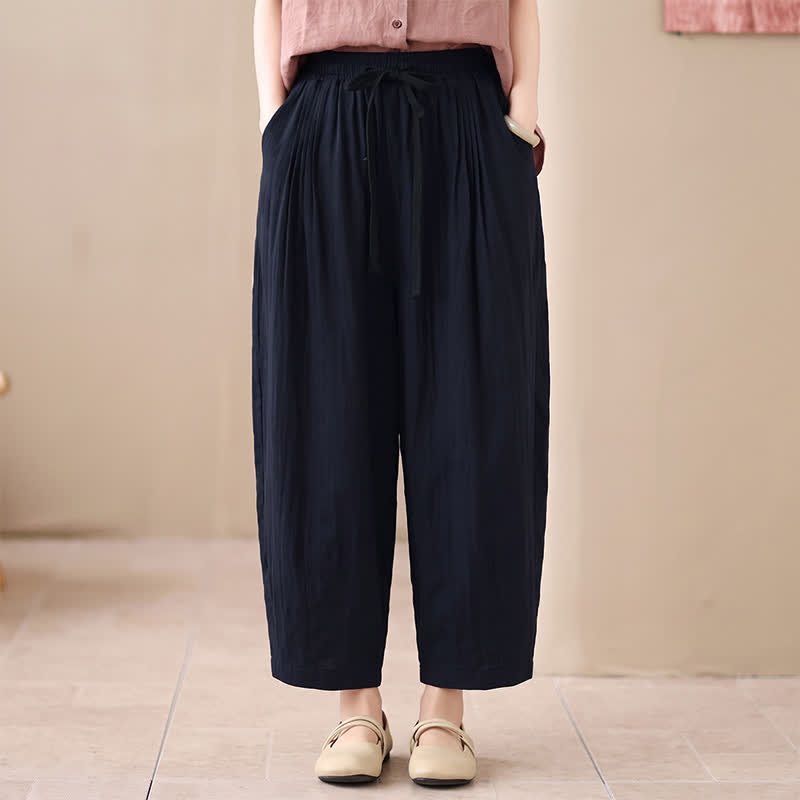 Buddha Stones Spring Summer Casual Minimalist Drawstring Solid Cropped Pants Women's Harem Pants With Pocket - image 7