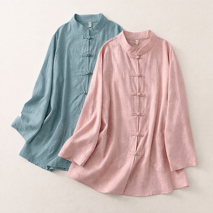 Buddha Stones Spring Fall Casual Tang Style Mandarin Collar Frog Button Solid Women's Long Sleeve Shirts With Pocket - image 17