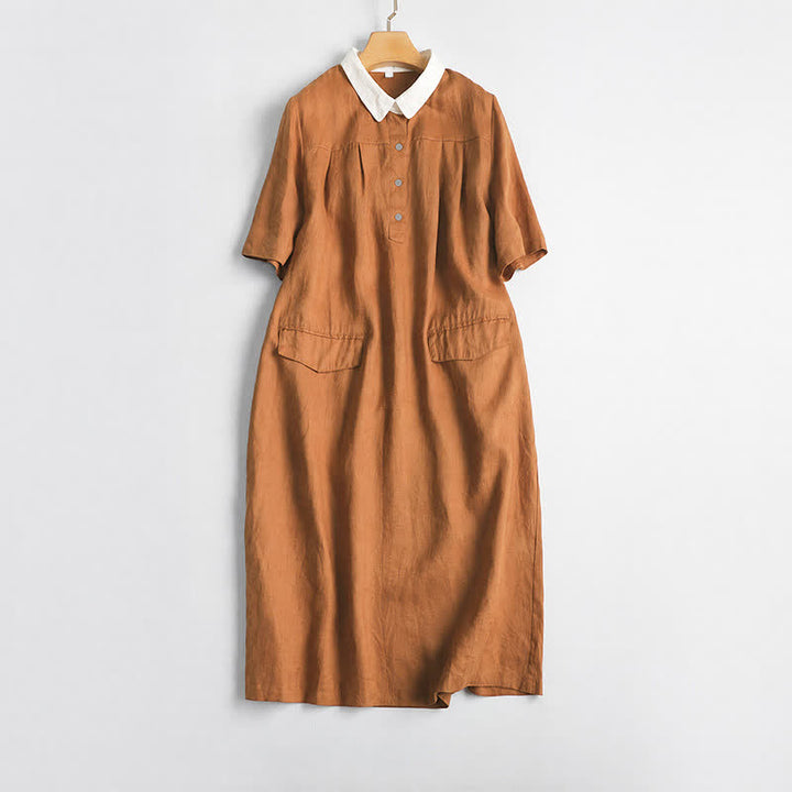 Buddha Stones Spring Summer Casual Minimalist Button-Up Solid Women's Short Sleeve Dress With Pocket - Peru - US12, UK/AU16, EU44 (2XL) - image 0