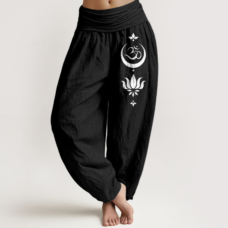 Buddha Stones Pure Cotton Om Lotus Moon Pattern Women's Elastic Waist Harem Pants - Black - US16，UK/AU20，EU48 (3XL) - image 0