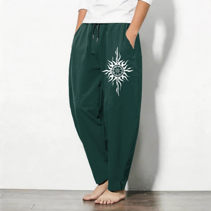 Buddha Stones Pure Cotton Tribal Sun Pattern Drawstring Men's Tapered Pants With Pockets - image 12