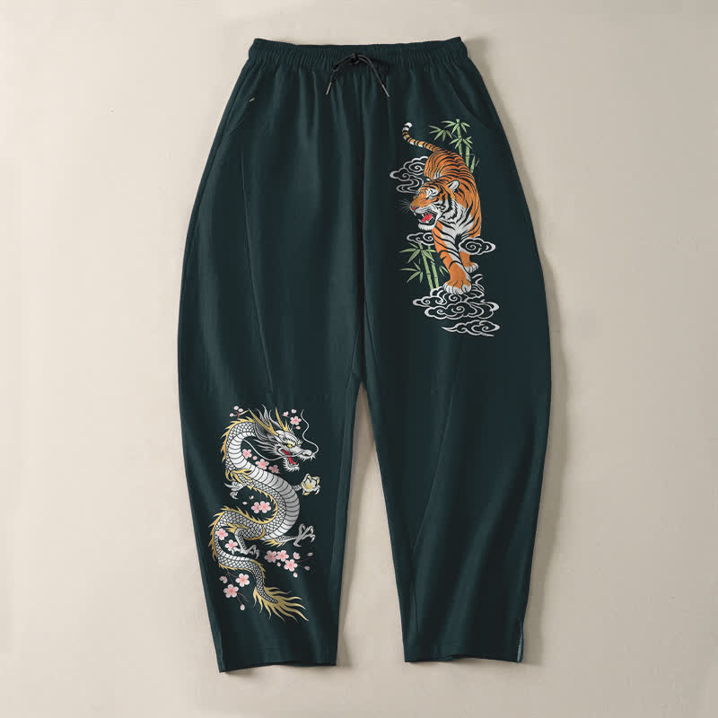 Buddha Stones Pure Cotton Tiger Dragon Pattern Drawstring Men's Tapered Pants With Pockets - image 13