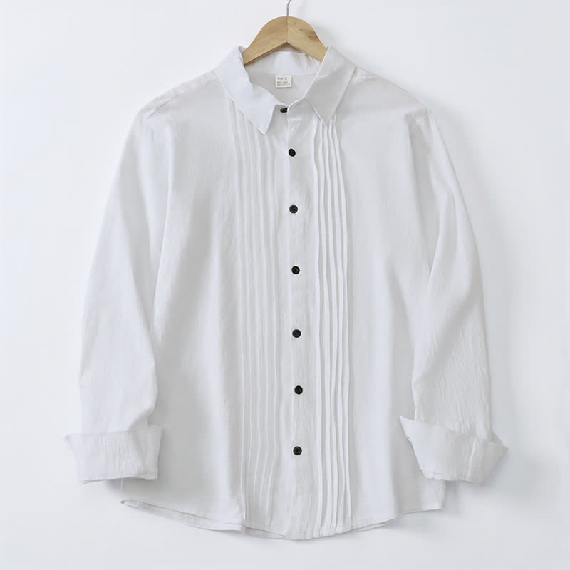 Buddha Stones Spring Minimalist Pintuck Button-Up Solid Men's Long Sleeve Shirts - image 3