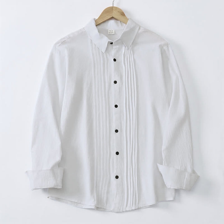 Buddha Stones Spring Minimalist Pintuck Button-Up Solid Men's Long Sleeve Shirts - image 3