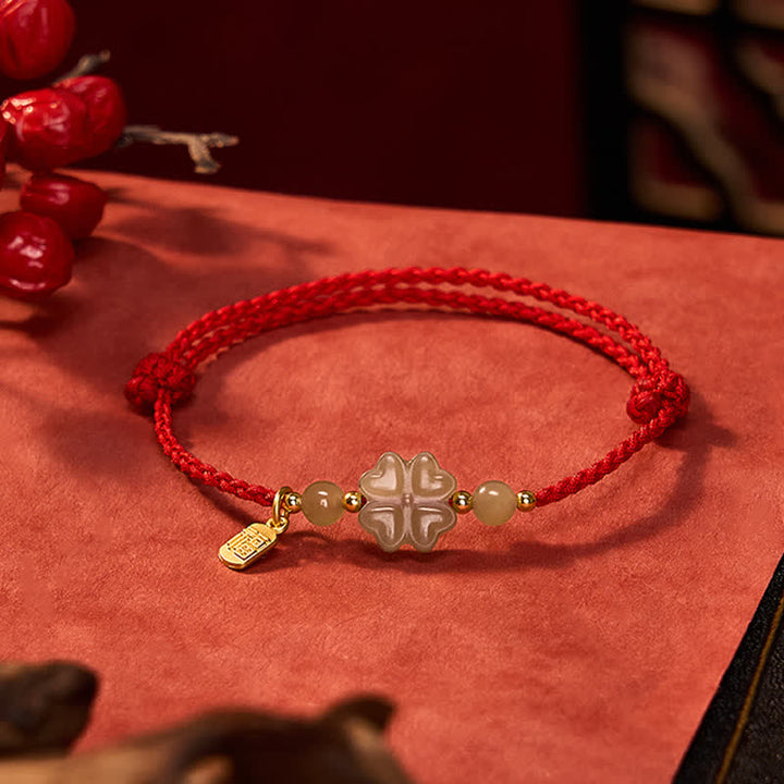Buddha Stones Natural Hetian Jade Four-leaf Clover Fu Character Luck Red String Bracelet - Four-leaf Clover (Wrist Circumference: 6.3-7.1 in/16-18 cm) - image 0