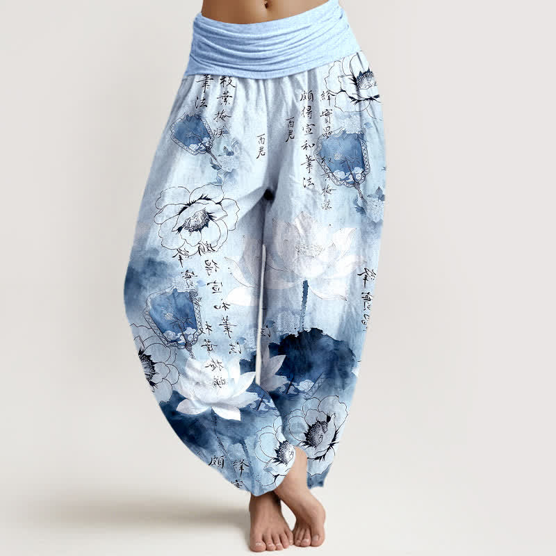 Buddha Stones Pure Cotton Lotus Flowers Fans Calligraphy Women's Harem Elastic Waist Pants - LightSkyBlue - US16，UK/AU20，EU48 (3XL) - image 5