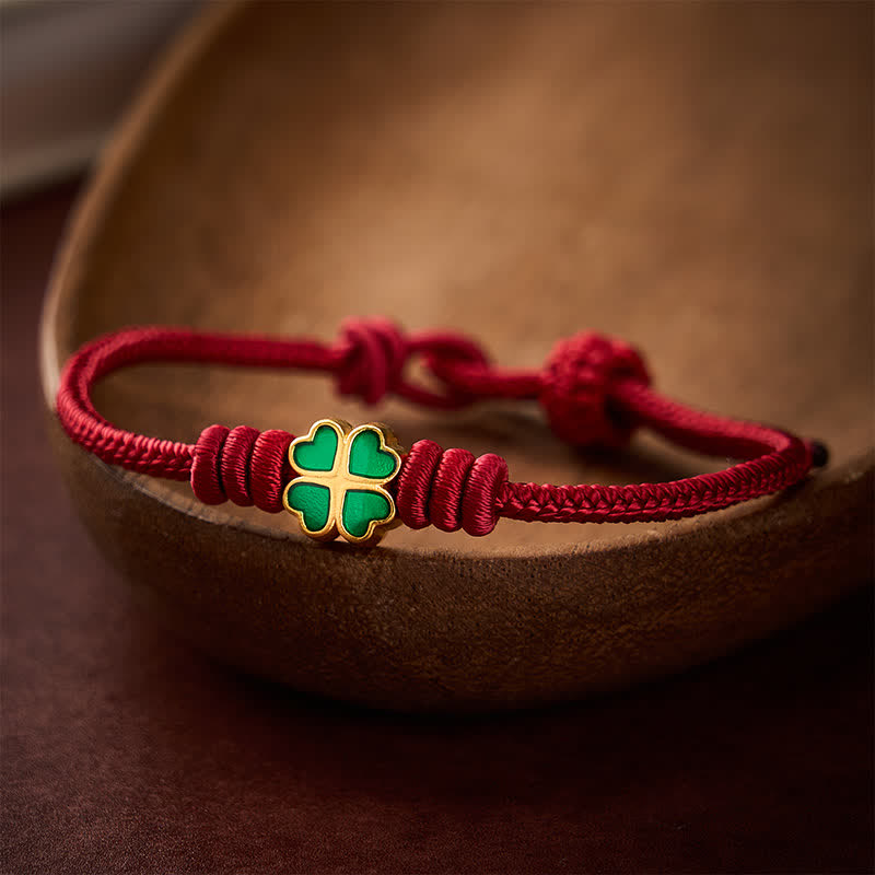 Buddha Stones Hand-Woven Red Rope Heart-Shaped Green Four Leaf Clover Luck Bracelet - image 12
