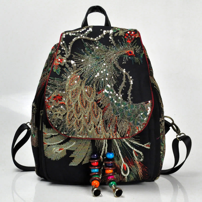 Buddha Stones Peacock Embroidery Canvas Tassel Backpack - image 1