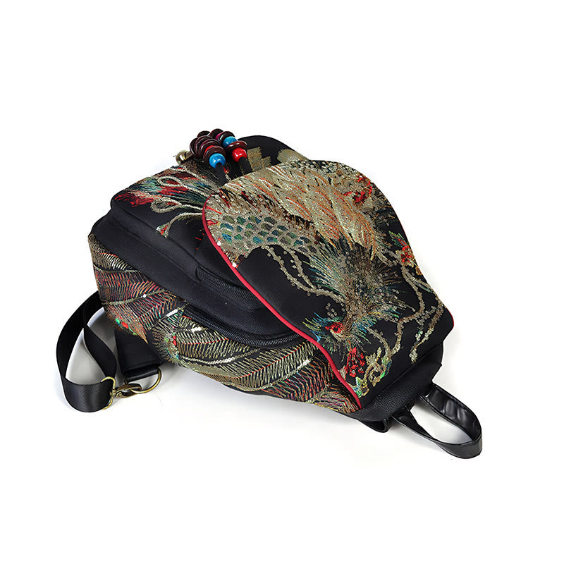 Buddha Stones Peacock Embroidery Canvas Tassel Backpack - image 12