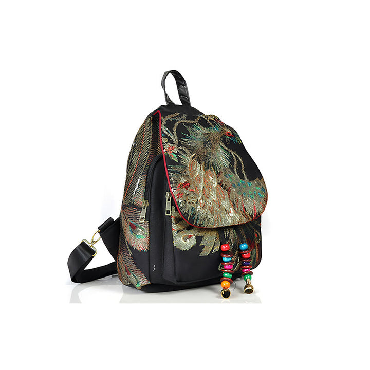 Buddha Stones Peacock Embroidery Canvas Tassel Backpack - image 9