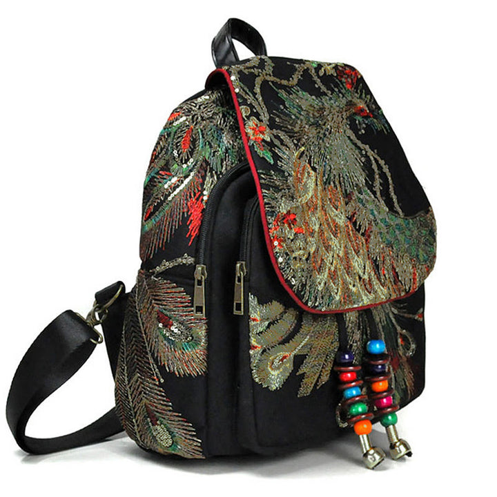 Buddha Stones Peacock Embroidery Canvas Tassel Backpack - image 2
