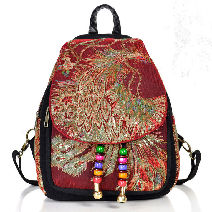 Buddha Stones Peacock Embroidery Canvas Tassel Backpack - Wine Red Peacock - image 18