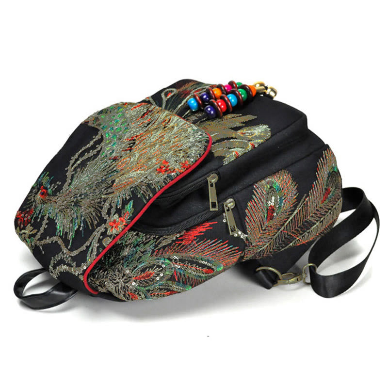 Buddha Stones Peacock Embroidery Canvas Tassel Backpack - image 3