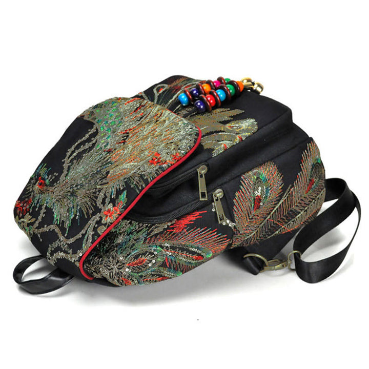 Buddha Stones Peacock Embroidery Canvas Tassel Backpack - image 3