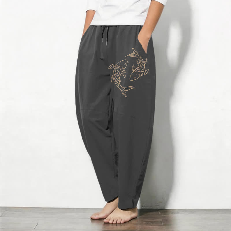 Buddha Stones Pure Cotton Koi Fish Pattern Drawstring Men's Tapered Pants With Pockets - image 8