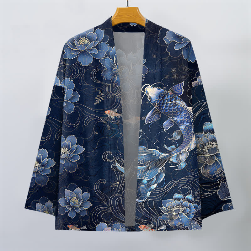 Buddha Stones Cotton Koi Lotus Flowing Waves Pattern Open Front Men's Kimono - image 1