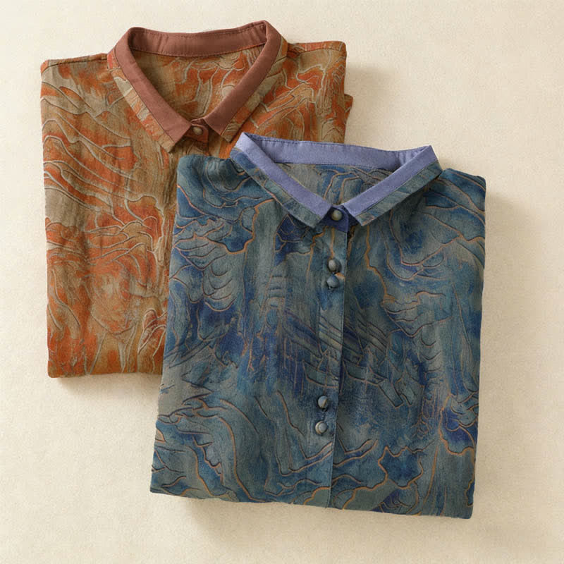 Buddha Stones Summer Floral Print Button Up Mandarin Collar Chiffon Women's Elbow-Length Sleeve Shirt - image 16