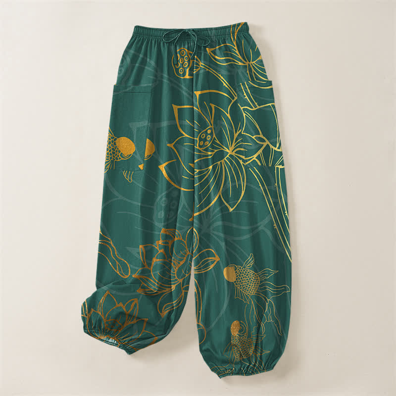 Buddha Stones Cotton Golden Lotus Koi Fish Pattern Women's Elastic Waist Harem Pants With Side Pockets - image 3
