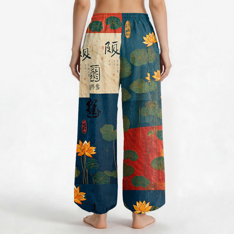 Buddha Stones Cotton Oriental Lotus Leaves Patchwork Design Pattern Women's Elastic Waist Harem Pants With Side Pockets - image 9
