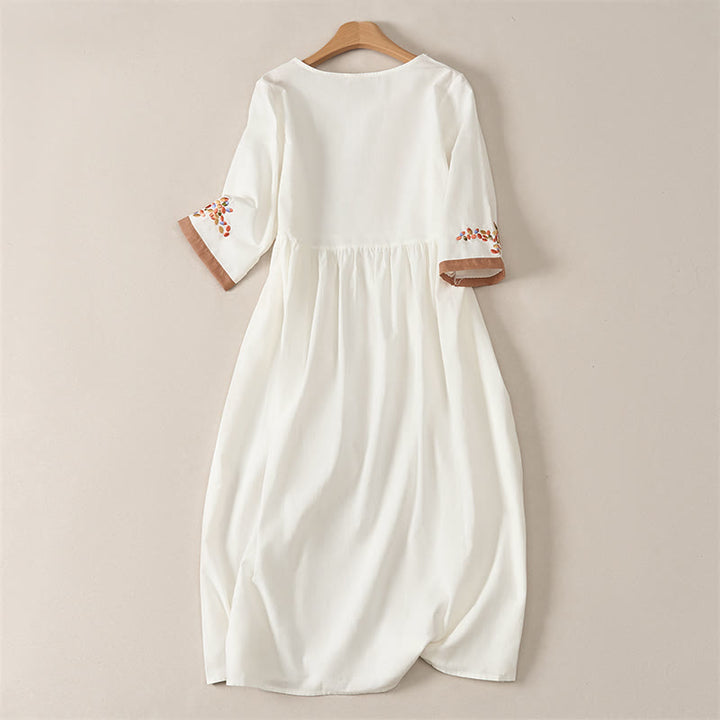 Buddha Stones Spring Ethnic Embroidery Half Sleeve Women's Midi Dress - image 1