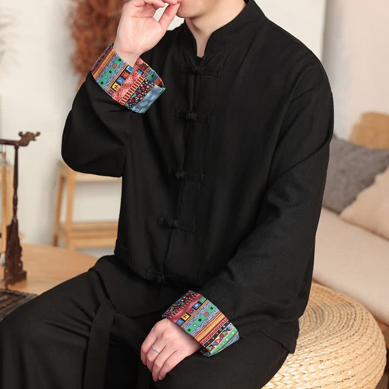 Buddha Stones Fall Winter Casual Tang Style Frog Button Mandarin Collar Solid Men's Jackets With Pockets - image 6