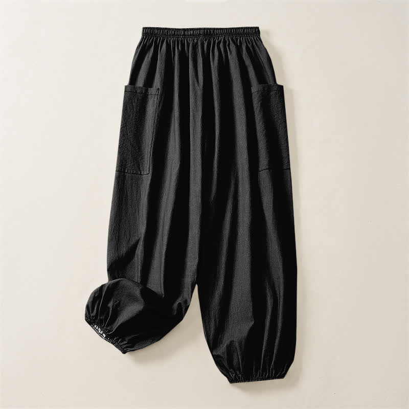 Buddha Stones Cotton Solid Color Minimalist Pattern Women's Elastic Waist Harem Pants With Side Pockets - image 4