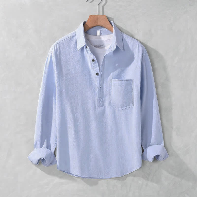 Buddha Stones Spring Fall Casual Button-Up Solid Cotton Men's Long Sleeve Shirts With Patch Pocket - image 23