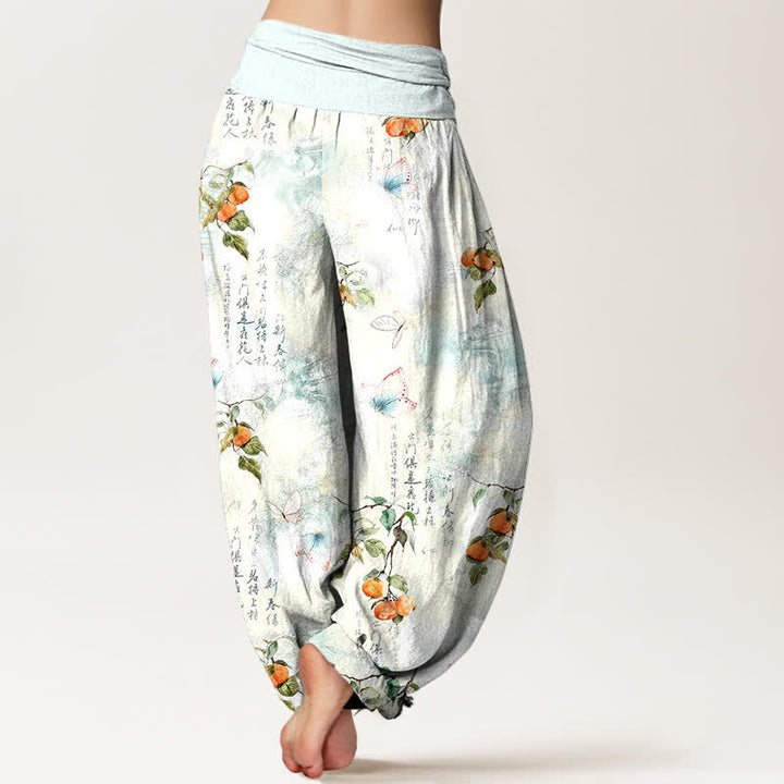 Buddha Stones Cotton Ink Calligraphy Citrus Butterfly Pattern Women's Elastic Waist Harem Pants - image 2