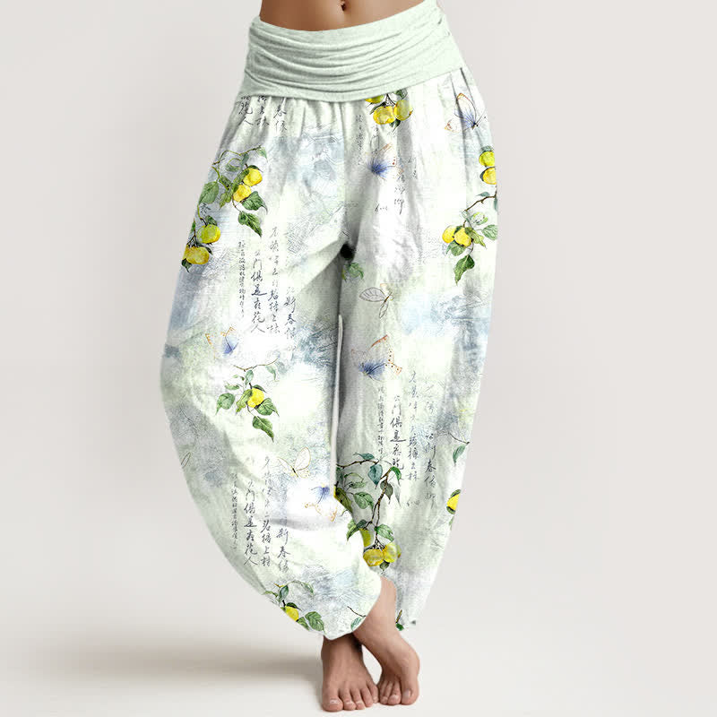 Buddha Stones Cotton Ink Calligraphy Citrus Butterfly Pattern Women's Elastic Waist Harem Pants - Honeydew - US16，UK/AU20，EU48 (3XL) - image 8