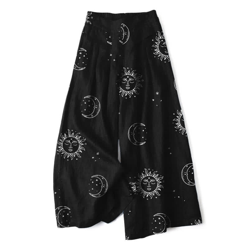 Buddha Stones Cotton Linen Celestial Sun Moon Pattern Women's Elastic Waist Wide Leg Pants With Pockets - Black - US16，UK/AU20，EU48 (3XL) - image 0