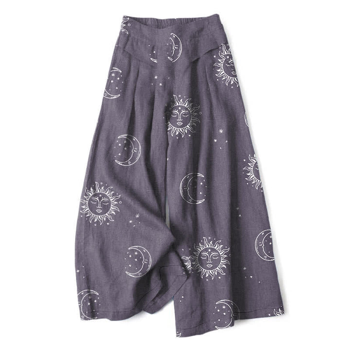 Buddha Stones Cotton Linen Celestial Sun Moon Pattern Women's Elastic Waist Wide Leg Pants With Pockets - SlateGray - US16，UK/AU20，EU48 (3XL) - image 4