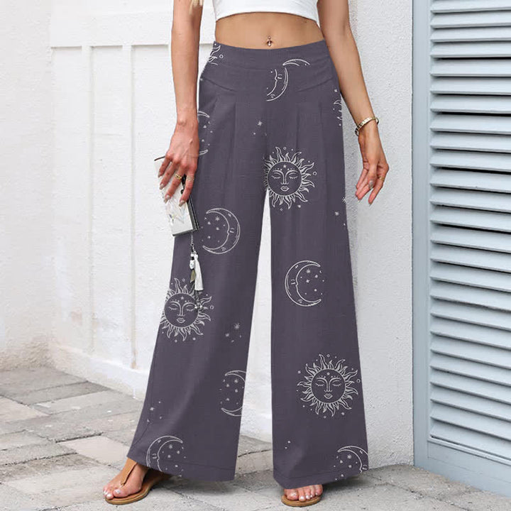 Buddha Stones Cotton Linen Celestial Sun Moon Pattern Women's Elastic Waist Wide Leg Pants With Pockets - image 5