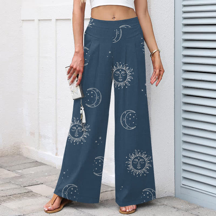 Buddha Stones Cotton Linen Celestial Sun Moon Pattern Women's Elastic Waist Wide Leg Pants With Pockets - image 7