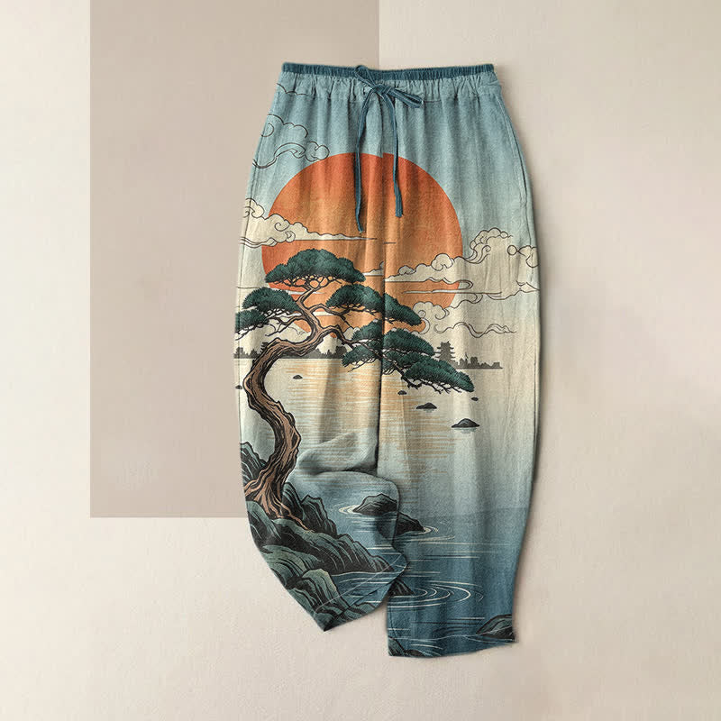Buddha Stones Pure Cotton Artistic Sunset Pine Pattern Women's Elastic Waist Pants With Pockets - CadetBlue - US16，UK/AU20，EU48 (3XL) - image 3