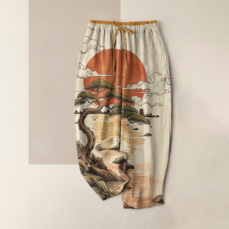 Buddha Stones Pure Cotton Artistic Sunset Pine Pattern Women's Elastic Waist Pants With Pockets - Goldenrod - US16，UK/AU20，EU48 (3XL) - image 4