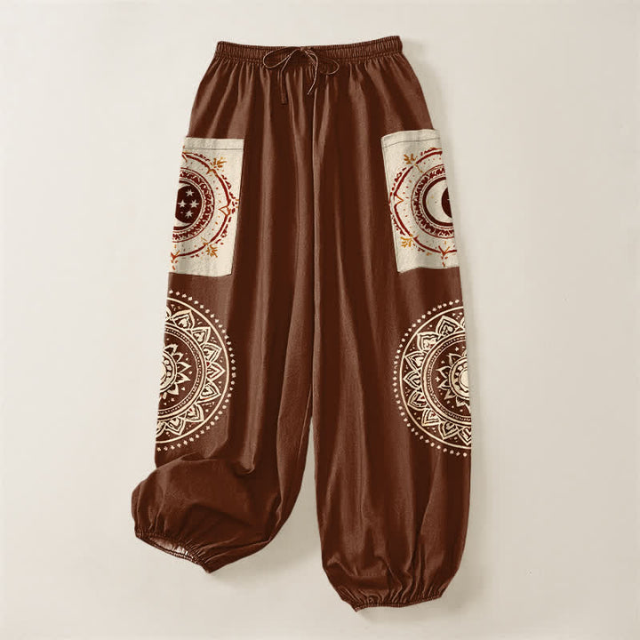 Buddha Stones Cotton Bohemian Mandala Moon Phase Pattern Women's Elastic Waist Harem Pants With Side Pockets - image 3