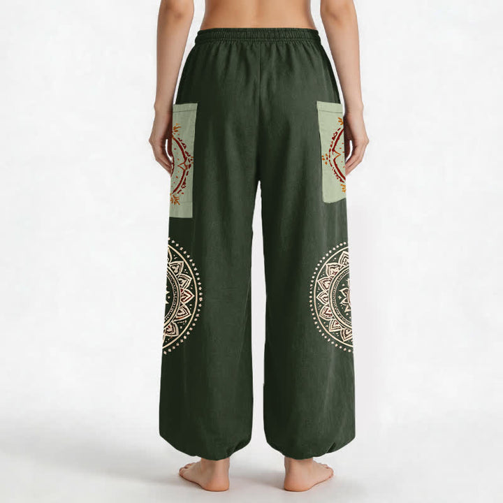 Buddha Stones Cotton Bohemian Mandala Moon Phase Pattern Women's Elastic Waist Harem Pants With Side Pockets - image 9