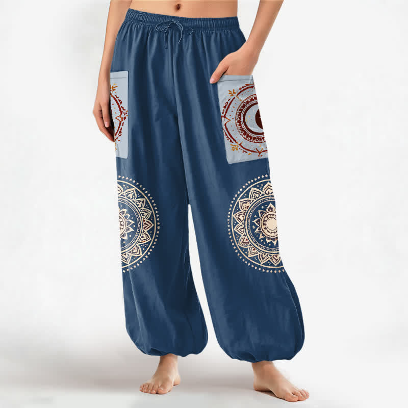 Buddha Stones Cotton Bohemian Mandala Moon Phase Pattern Women's Elastic Waist Harem Pants With Side Pockets - SteelBlue - US16，UK/AU20，EU48 (3XL) - image 10