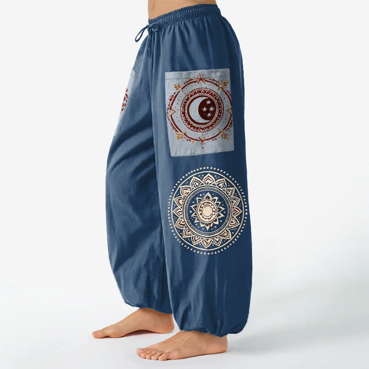 Buddha Stones Cotton Bohemian Mandala Moon Phase Pattern Women's Elastic Waist Harem Pants With Side Pockets - image 11