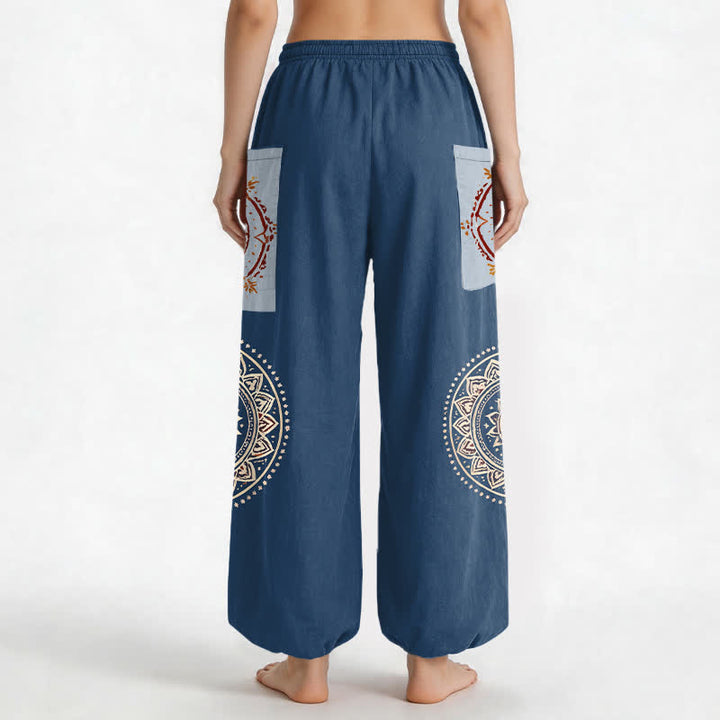 Buddha Stones Cotton Bohemian Mandala Moon Phase Pattern Women's Elastic Waist Harem Pants With Side Pockets - image 12
