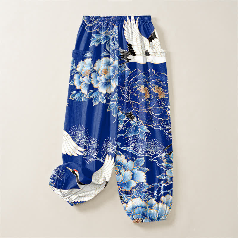 Buddha Stones Cotton Oriental Crane Peony Pattern Women's Elastic Waist Harem Pants With Side Pockets - image 4