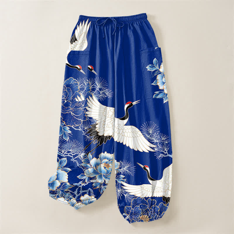Buddha Stones Cotton Oriental Crane Peony Pattern Women's Elastic Waist Harem Pants With Side Pockets - image 3