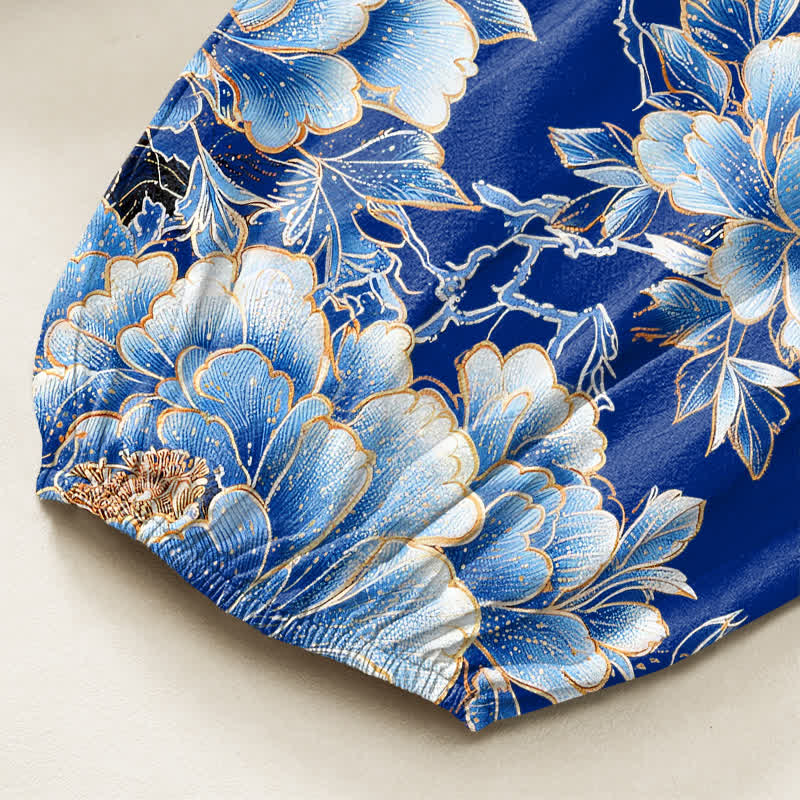 Buddha Stones Cotton Oriental Crane Peony Pattern Women's Elastic Waist Harem Pants With Side Pockets - image 6