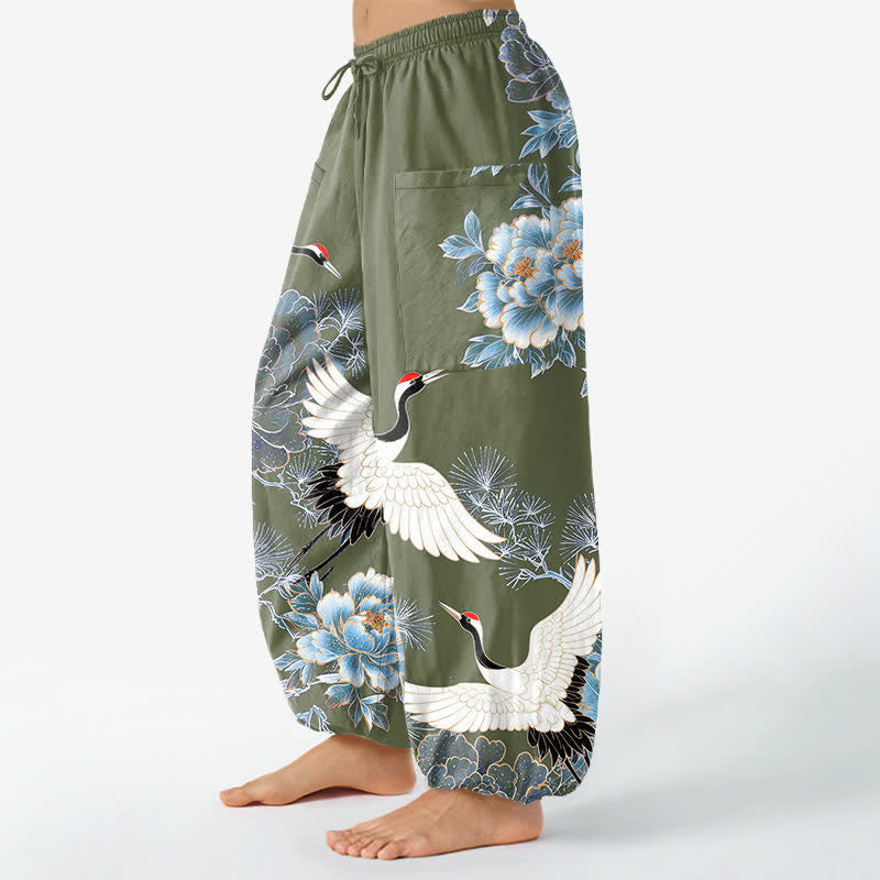 Buddha Stones Cotton Oriental Crane Peony Pattern Women's Elastic Waist Harem Pants With Side Pockets - image 8