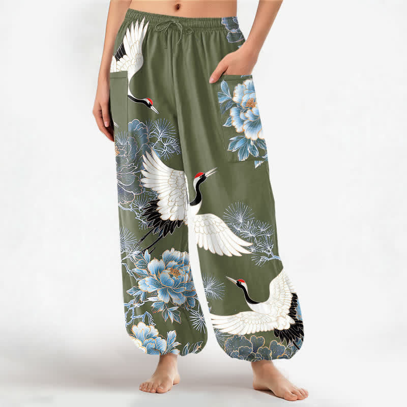 Buddha Stones Cotton Oriental Crane Peony Pattern Women's Elastic Waist Harem Pants With Side Pockets - OliveDrab - US16，UK/AU20，EU48 (3XL) - image 7