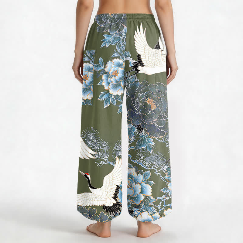 Buddha Stones Cotton Oriental Crane Peony Pattern Women's Elastic Waist Harem Pants With Side Pockets - image 9