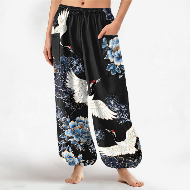 Buddha Stones Cotton Oriental Crane Peony Pattern Women's Elastic Waist Harem Pants With Side Pockets - Black - US16，UK/AU20，EU48 (3XL) - image 10